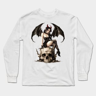 Devil Woman Sitting on Skull Vintage Long Sleeve T-Shirt